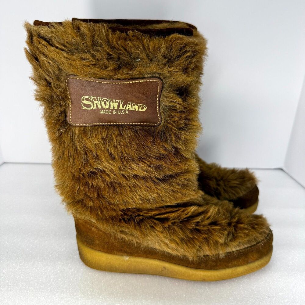 Vtg Snowland Furry Winter Boots Womens 8 Brown Crepe Sole USA Made Chewbacca 80s